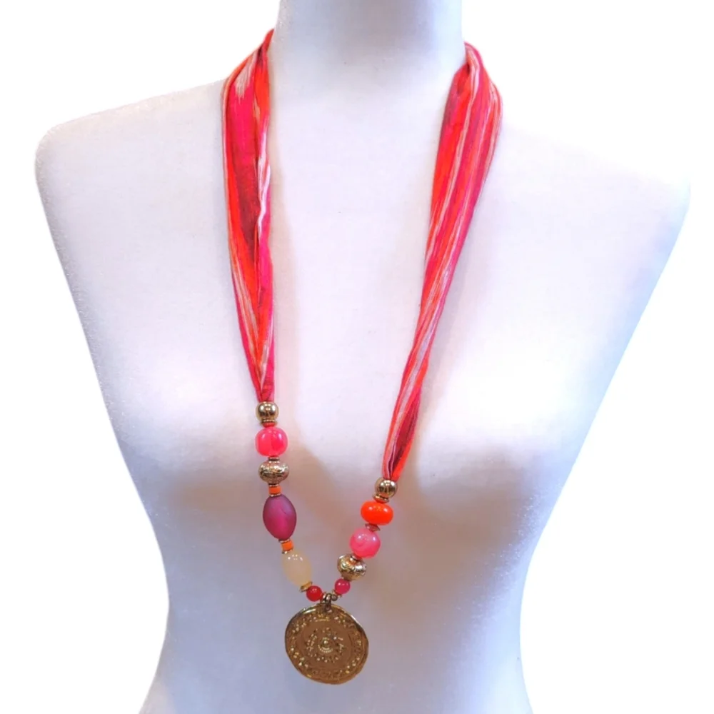 Chicos Pink Orange Beaded Scarf Pendant Statement Necklace Fashion Jewelry